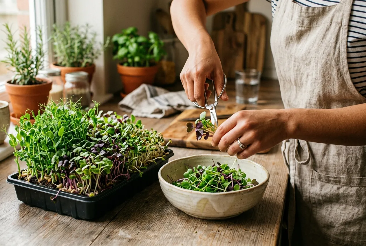 Fresh microgreens being harvested with scissors into a bowl
