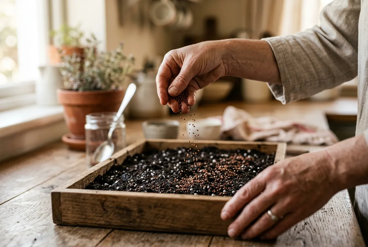 Microgreens seeds being sown onto damp compost in a shallow wooden tray on a UK kitchen windowsill