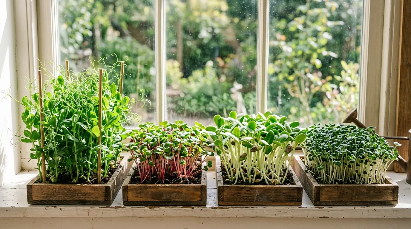 Microgreen varieties growing in trays on a UK kitchen windowsill showing pea shoots and radish microgreens