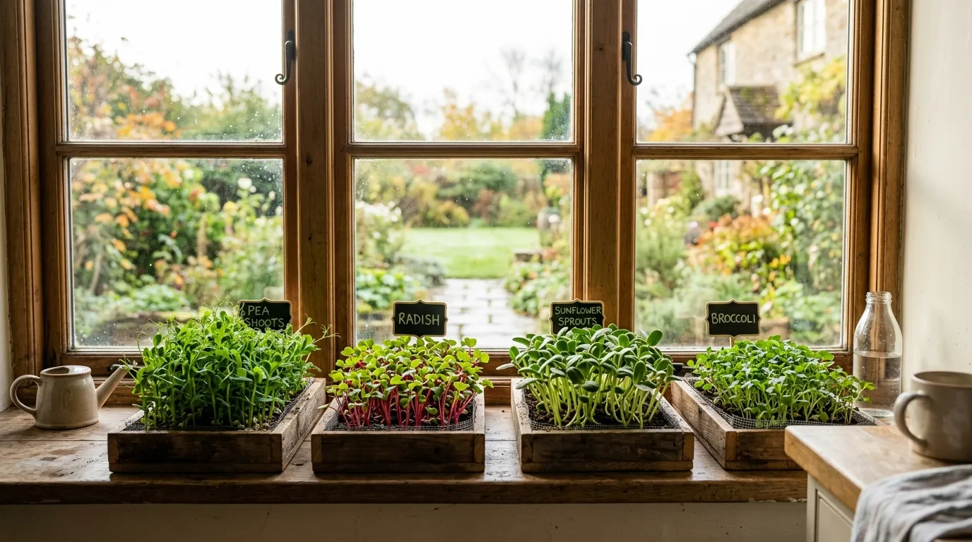 Microgreens windowsill growing trays with pea shoots radish and broccoli sprouts in a bright UK kitchen
