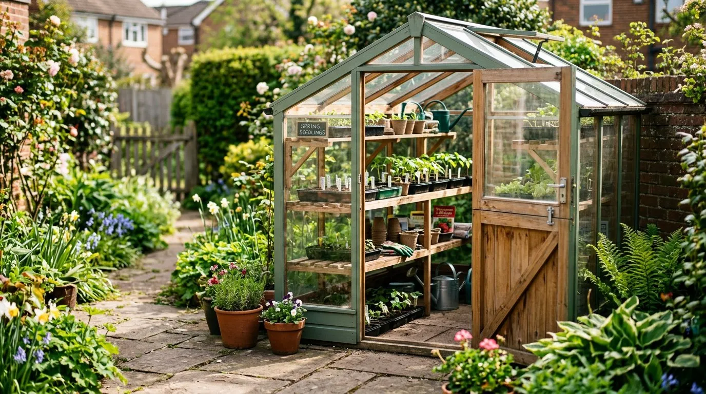 Mini greenhouse with door propped open for ventilation on a sunny spring day in a UK garden