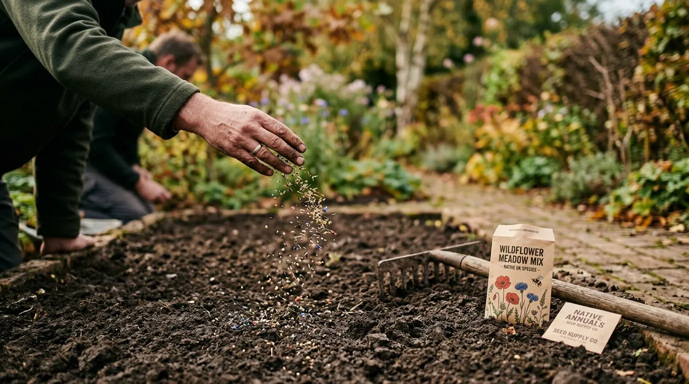 Wildflower seeds being scattered by hand onto prepared bare soil in a UK garden
