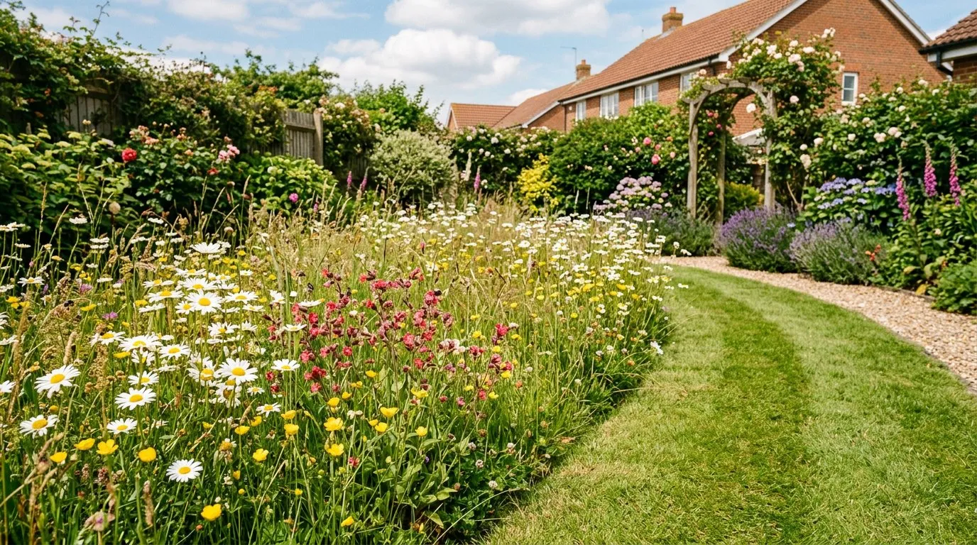 Small wildflower meadow patch in a suburban UK garden with ox-eye daisies and buttercups