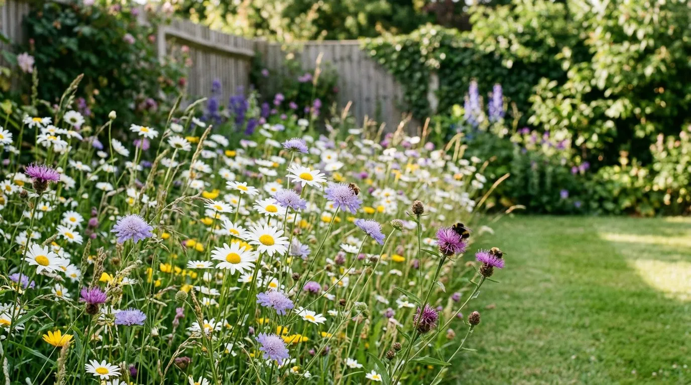 Small wildflower meadow patch in a UK garden with ox-eye daisies, field scabious, and knapweed in bloom