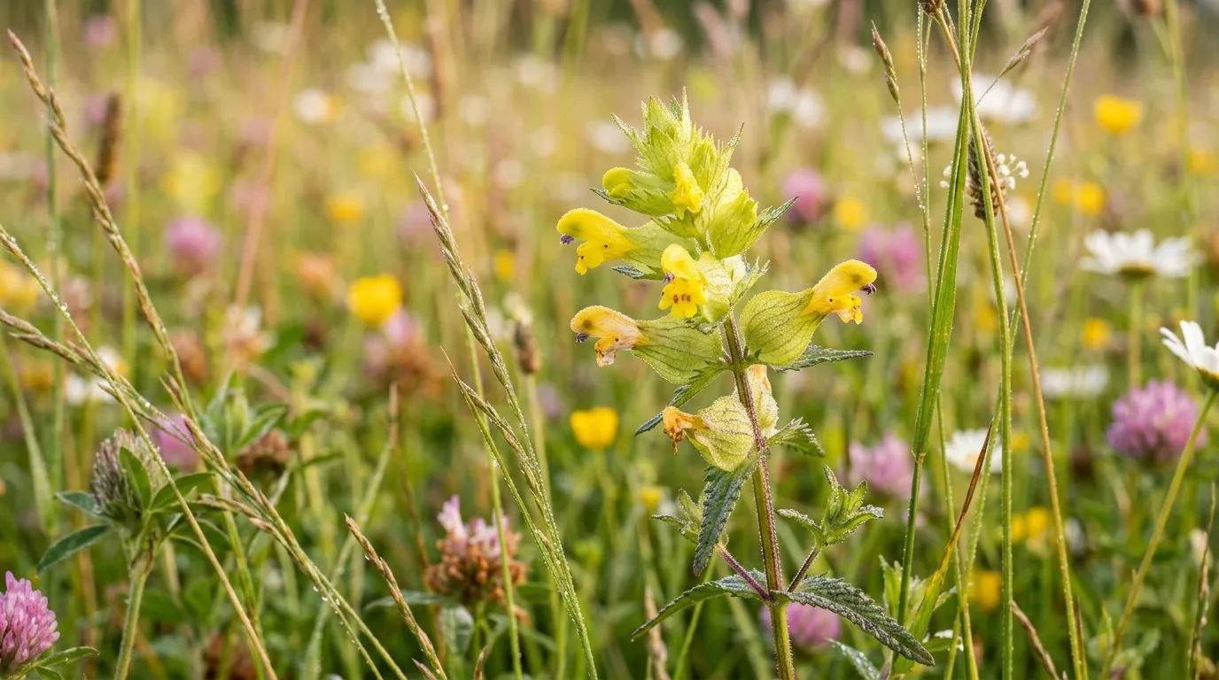 Close-up of yellow rattle growing among grass stems in a UK wildflower meadow