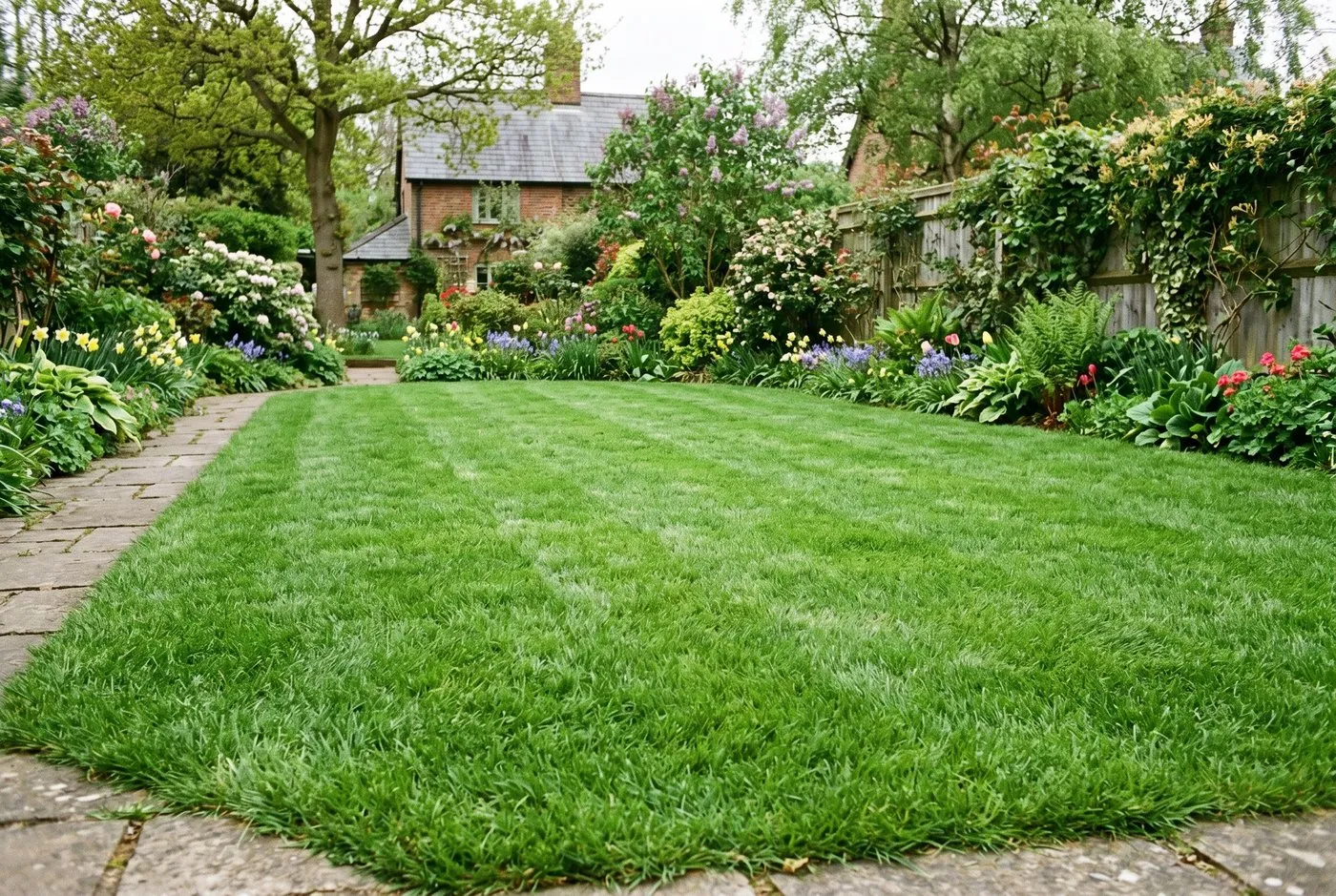 A dense, healthy, well-watered green UK lawn with thick even grass coverage and no bare patches