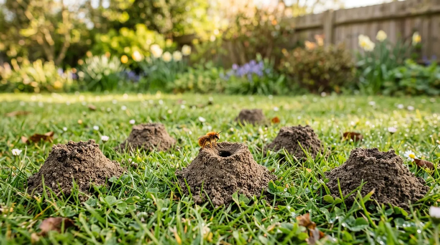 Several small volcano-shaped mining bee mounds with central holes in a UK garden lawn in spring, with a tawny mining bee nearby