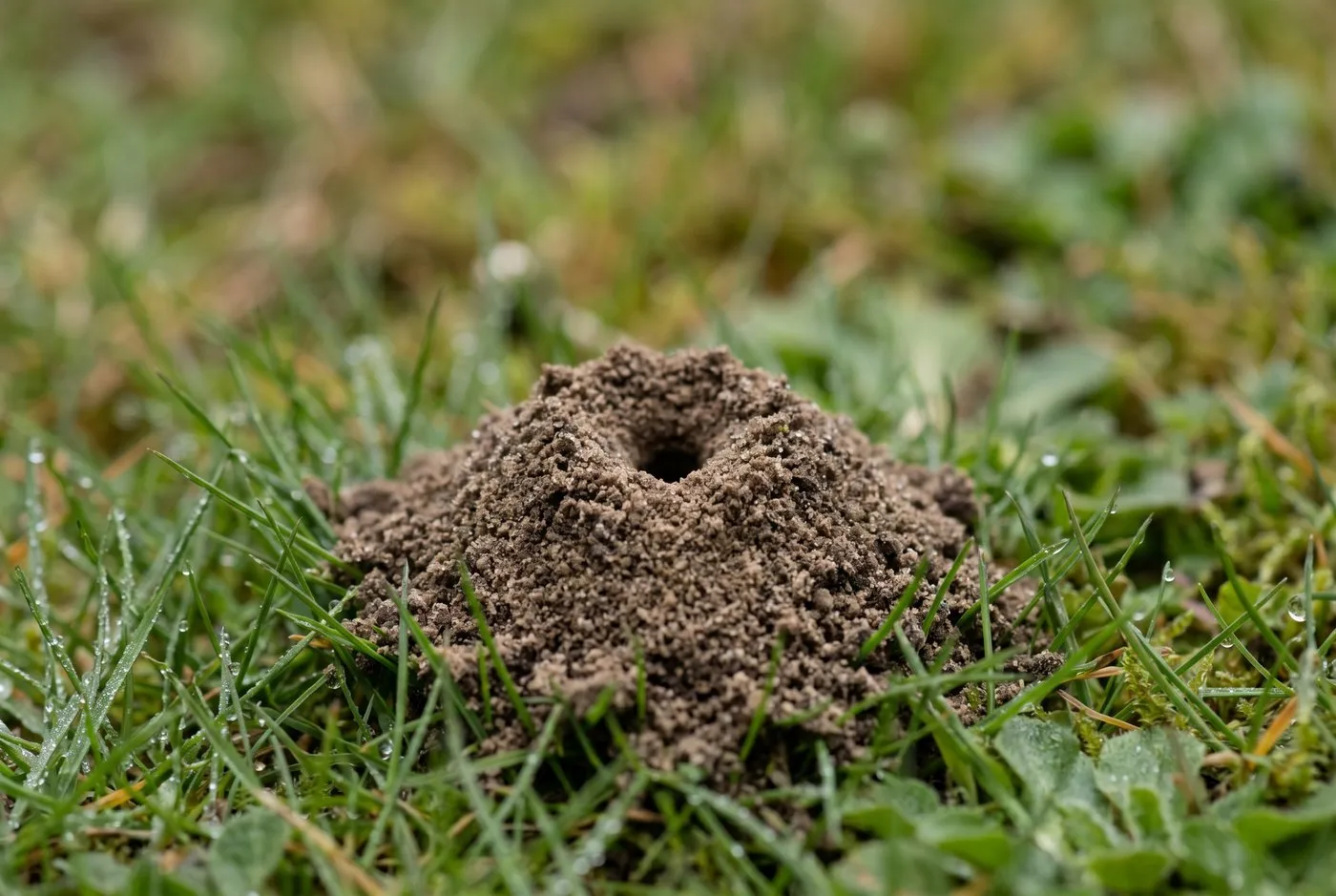 A single mining bee mound, a small cone of fine soil with a central hole, in short green UK lawn grass
