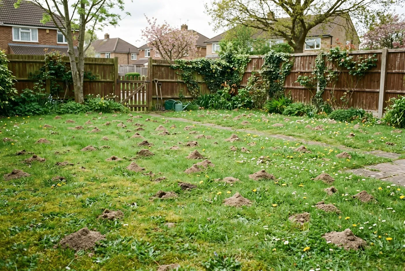 A British suburban lawn in spring scattered with many small mining bee soil mounds across the short green grass