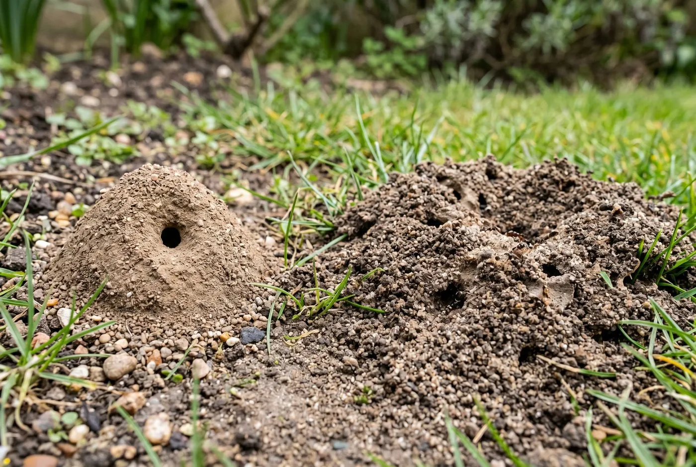 Side by side comparison of a neat conical mining bee mound with a central hole next to a looser granular ant nest mound on UK garden soil