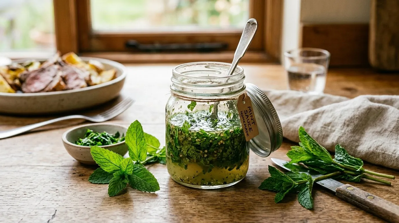 Homemade UK mint sauce in a small glass jar with chopped fresh mint leaves suspended in vinegar and sugar, fresh mint sprigs nearby on a wooden kitchen worktop