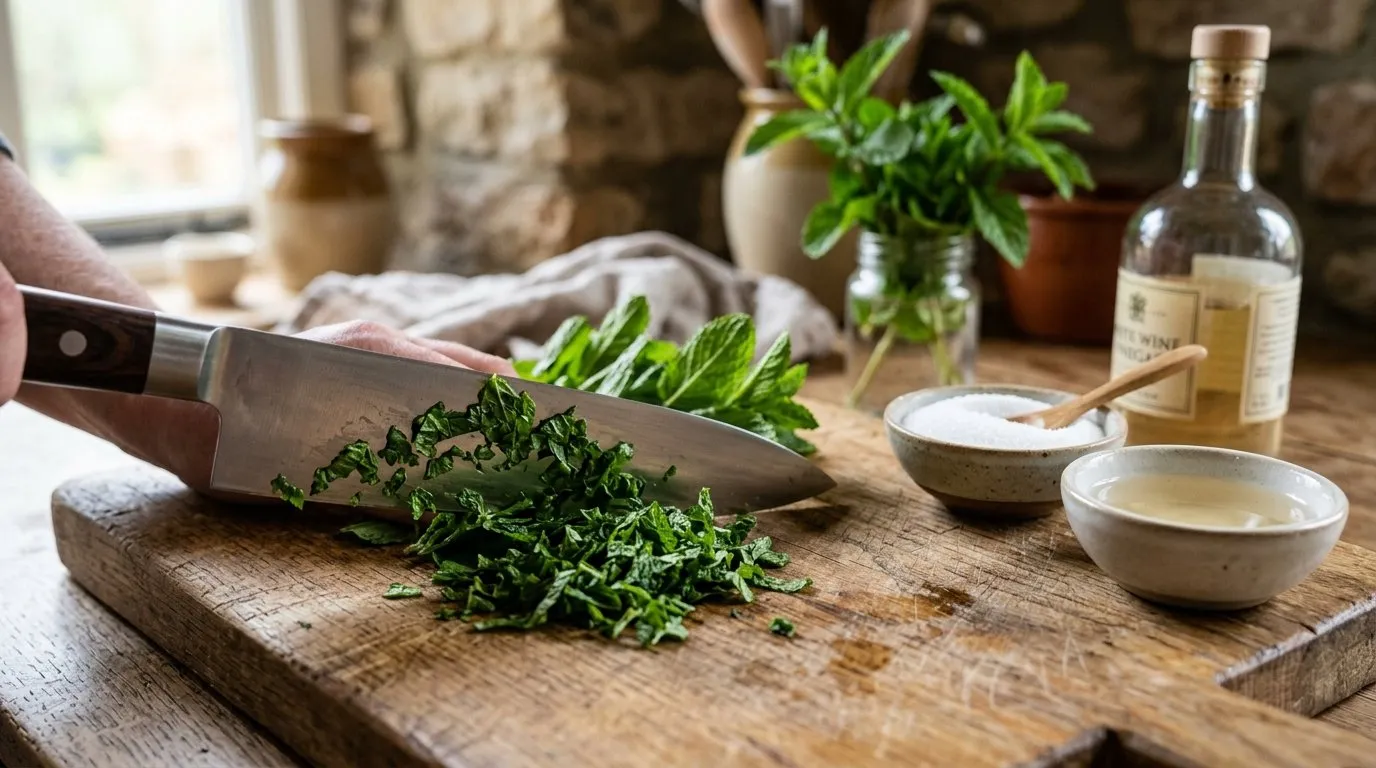 Fresh garden mint leaves being finely chopped on a wooden chopping board with a sharp chefs knife and small bowls of sugar and white wine vinegar nearby