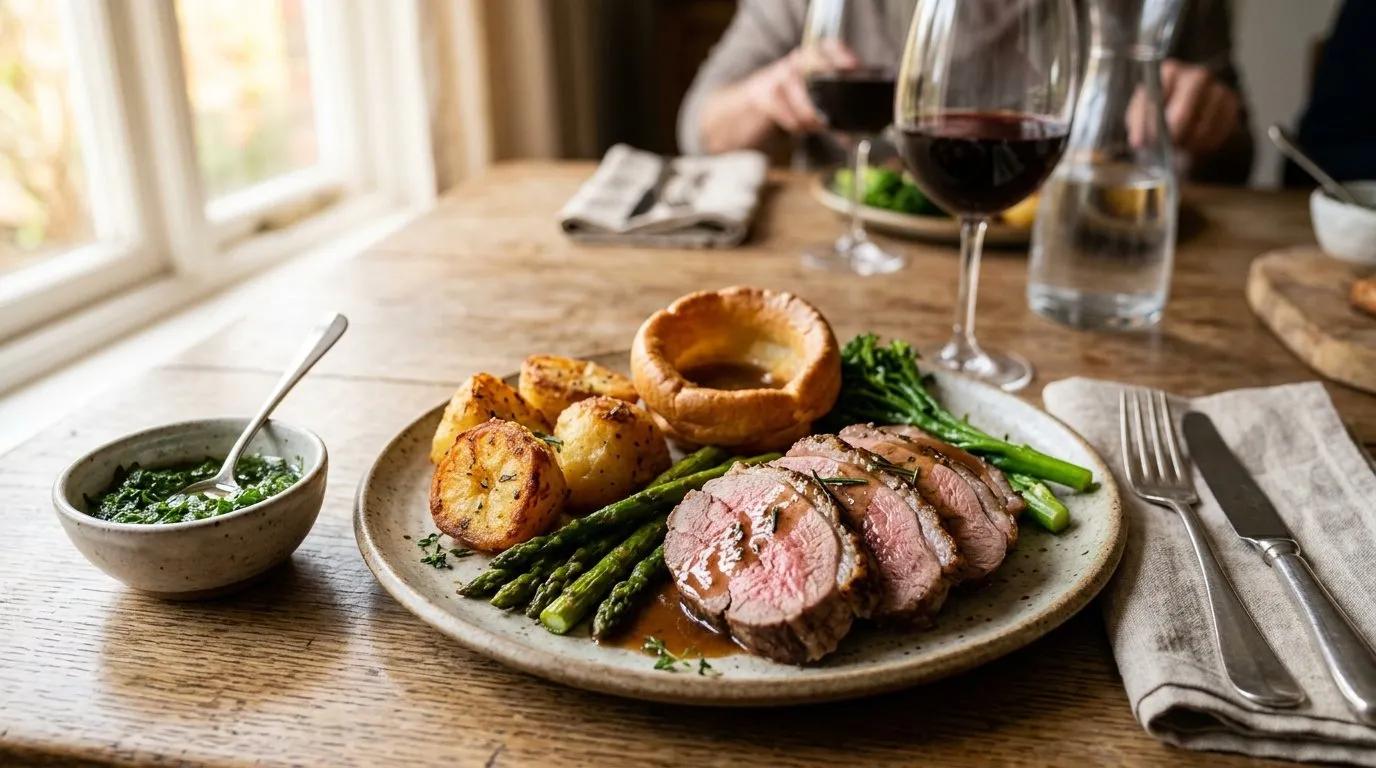 UK Sunday roast lamb sliced on a plate with a small dish of homemade mint sauce alongside, roast potatoes and green vegetables