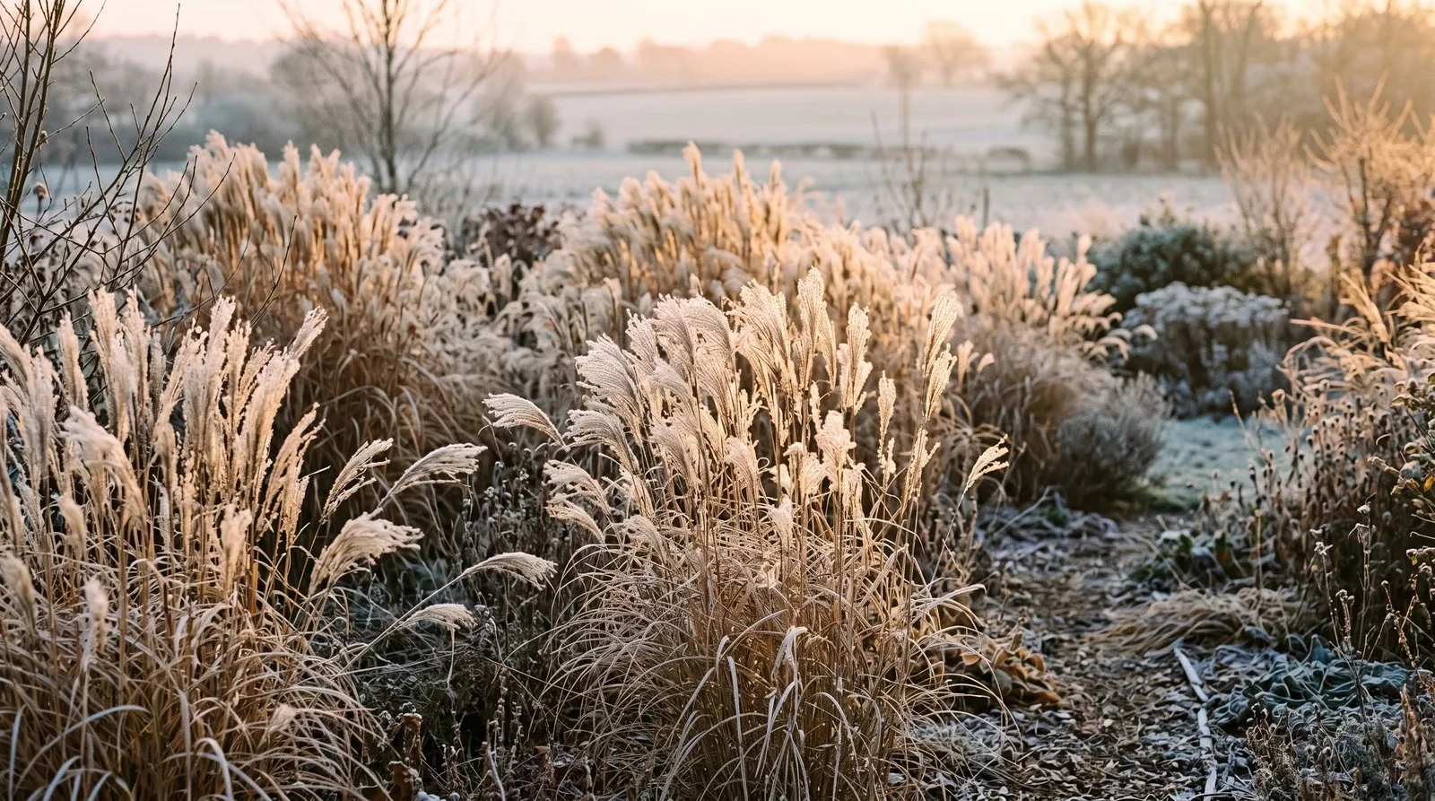 Tall miscanthus and calamagrostis grasses in a winter border, their feathery plumes backlit and glowing in low golden winter sunlight