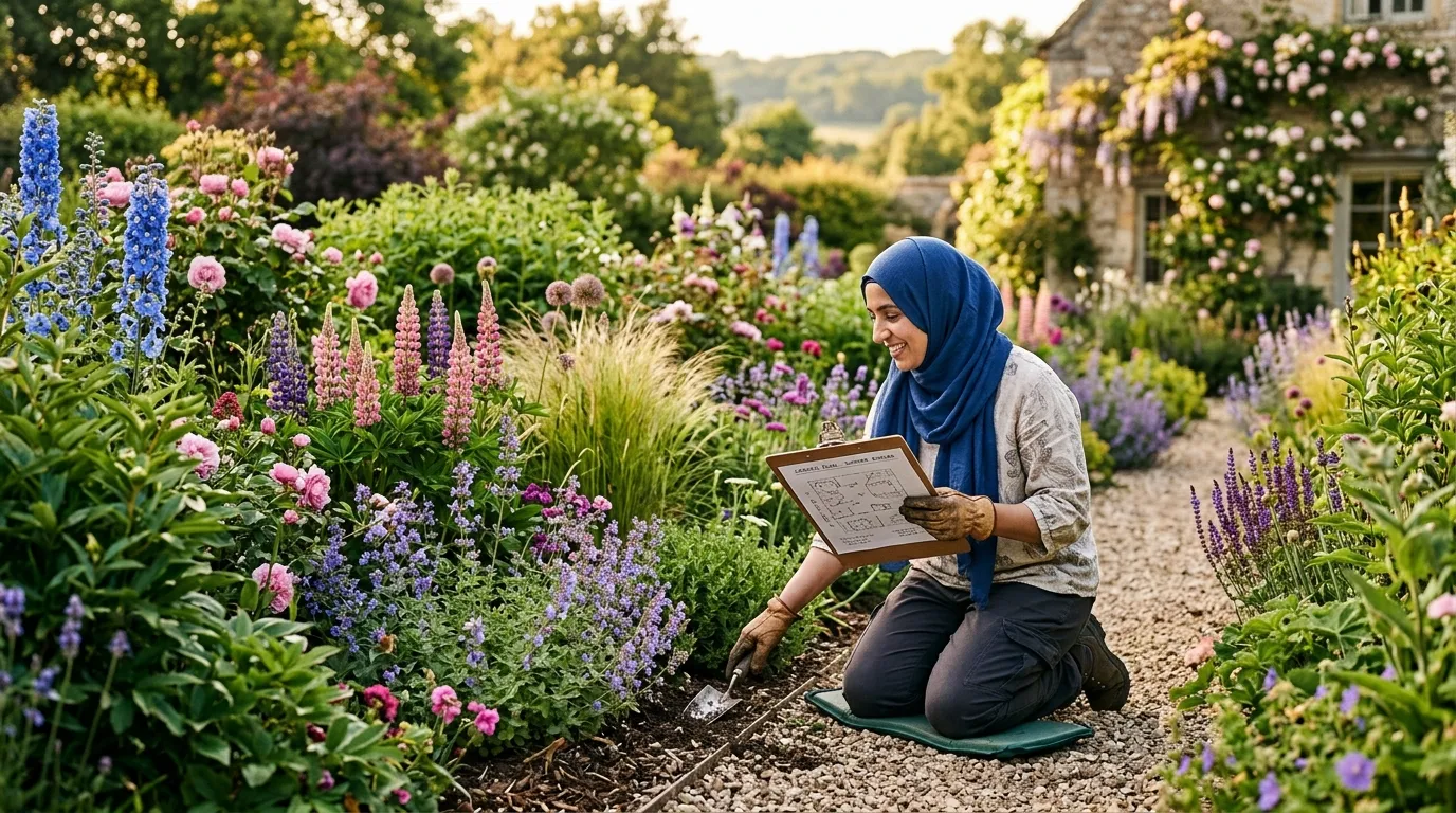 Plan a mixed border UK with layered shrubs perennials and grasses in an English country garden