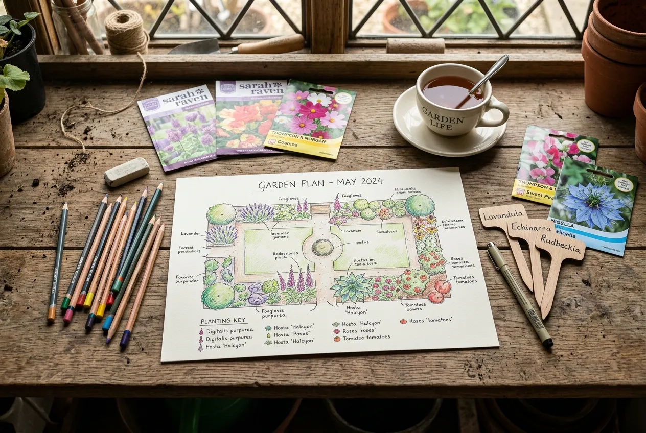 Plan a mixed border UK planting design sketch with coloured pencils and plant labels on a potting bench