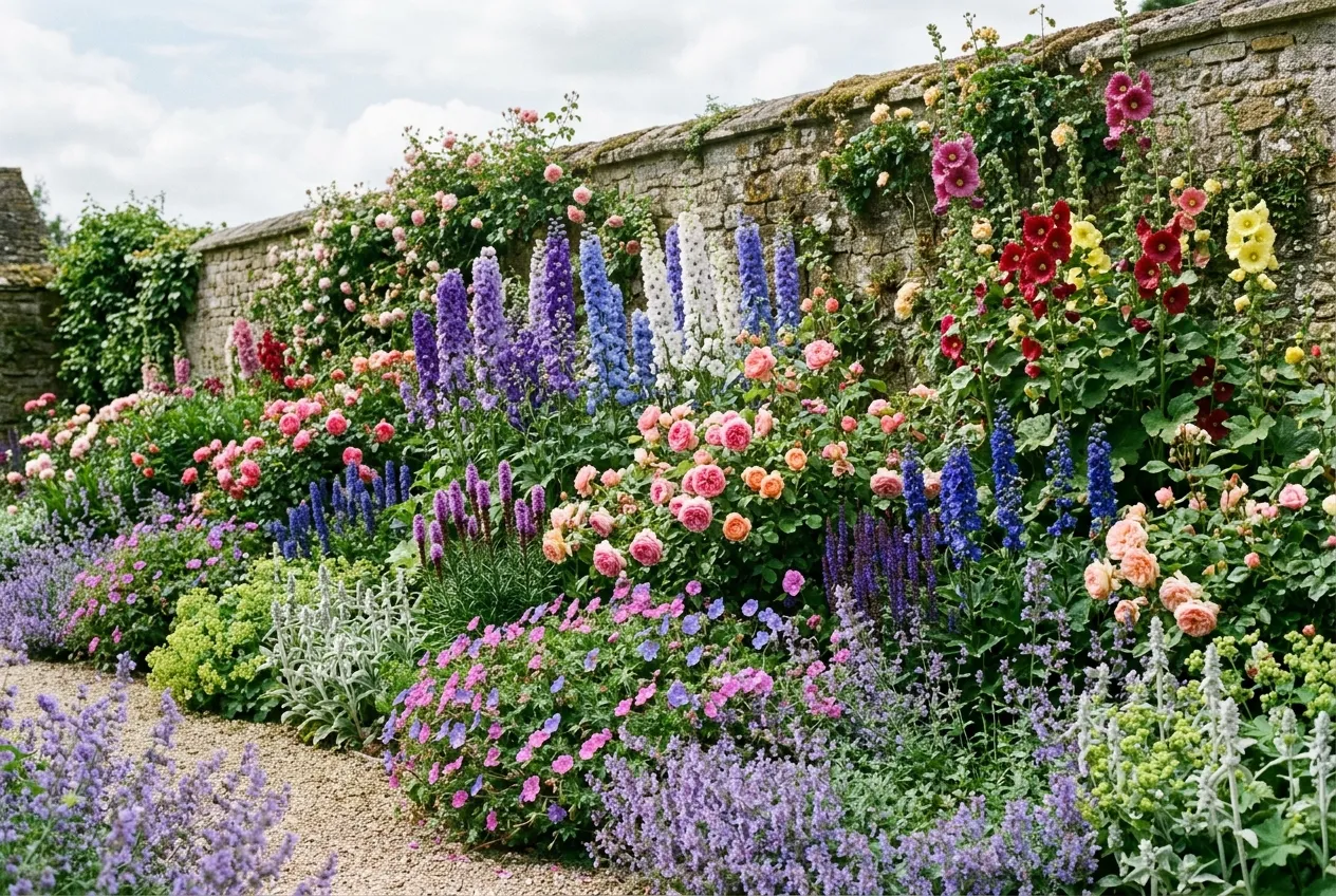 Plan a mixed border showing the three-layer planting depth structure in a UK country garden