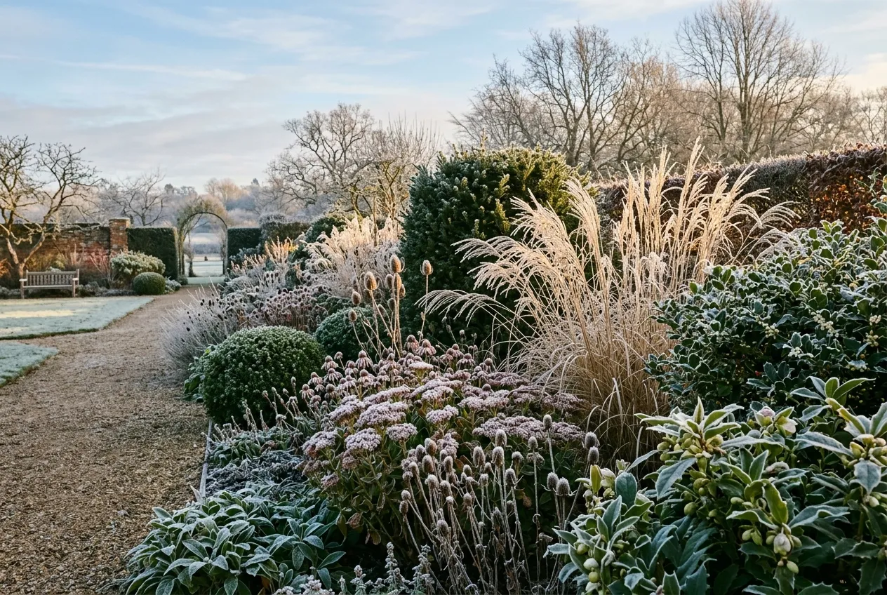 Plan a mixed border for winter interest with evergreen shrubs ornamental grasses and frost-covered seedheads in a UK garden