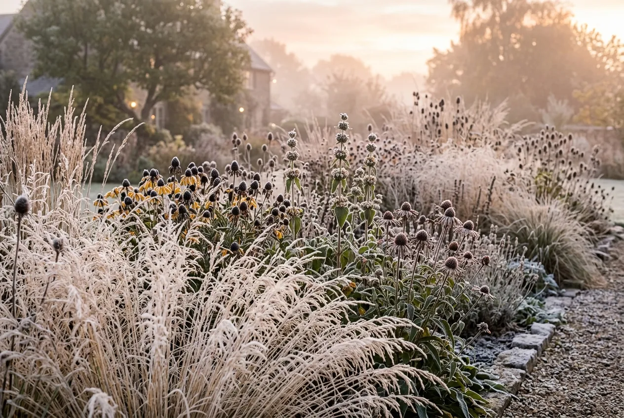Modern mixed border autumn seedheads in a frosted UK garden showing standing winter structure