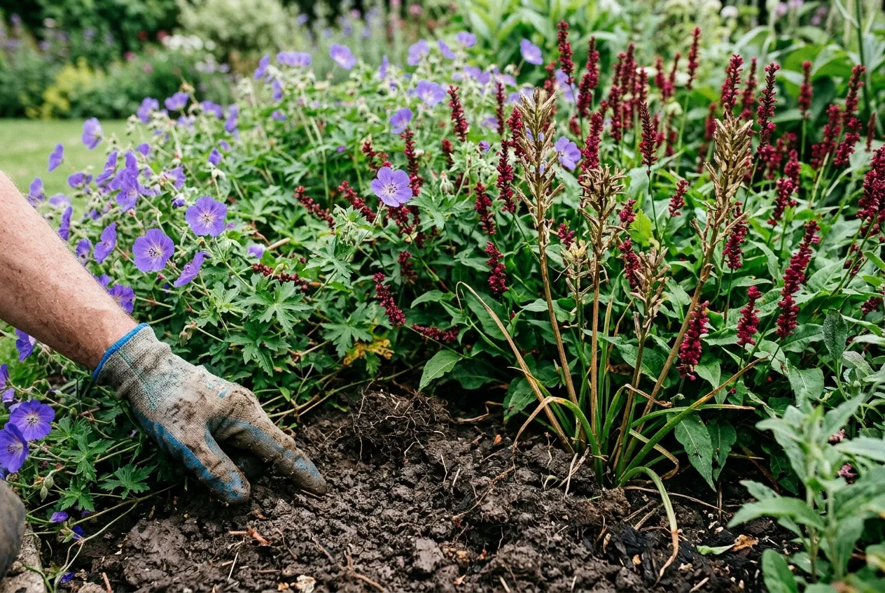 Modern mixed border on heavy clay soil UK showing dense plant community packing