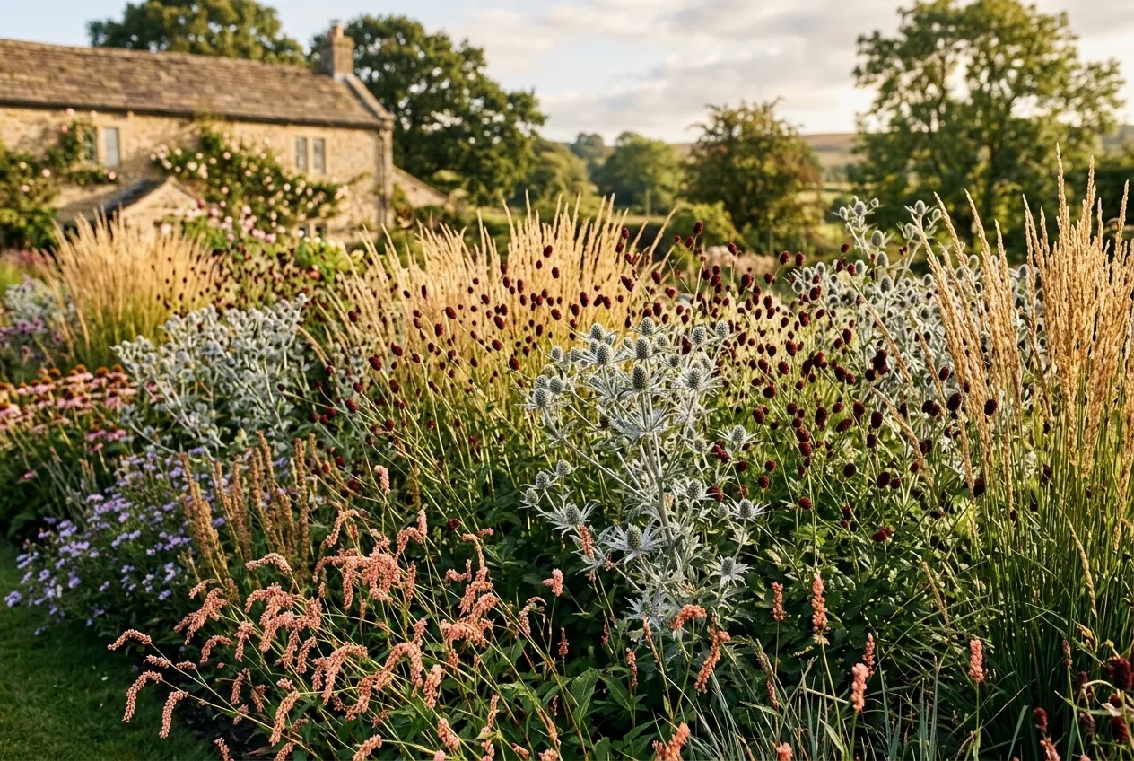 Modern mixed border with grasses and perennials in a UK garden showing structural plant communities