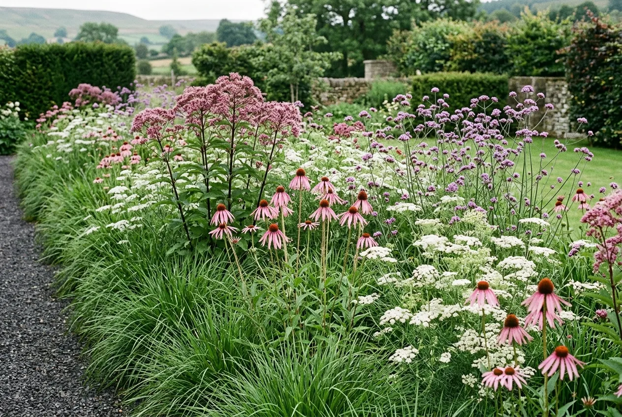 Modern mixed border design UK with matrix planting of grasses and perennials in a Yorkshire garden