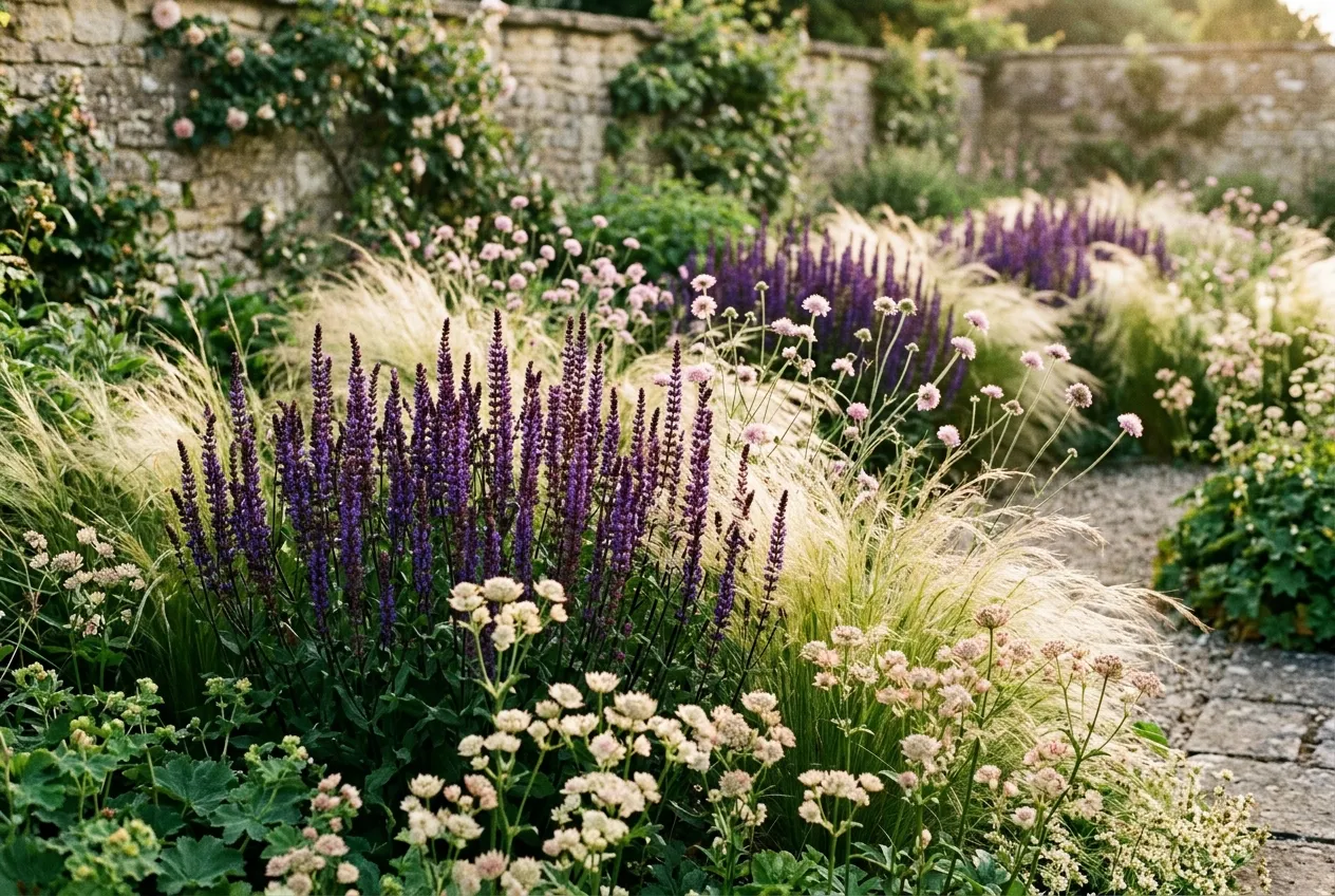 Naturalistic drift of grasses and perennials in a UK Cotswolds garden showing plant community planting