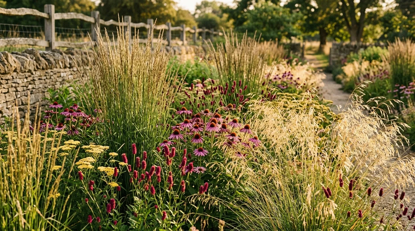 Modern mixed border design UK with naturalistic plant communities of grasses and perennials in a Cotswolds garden