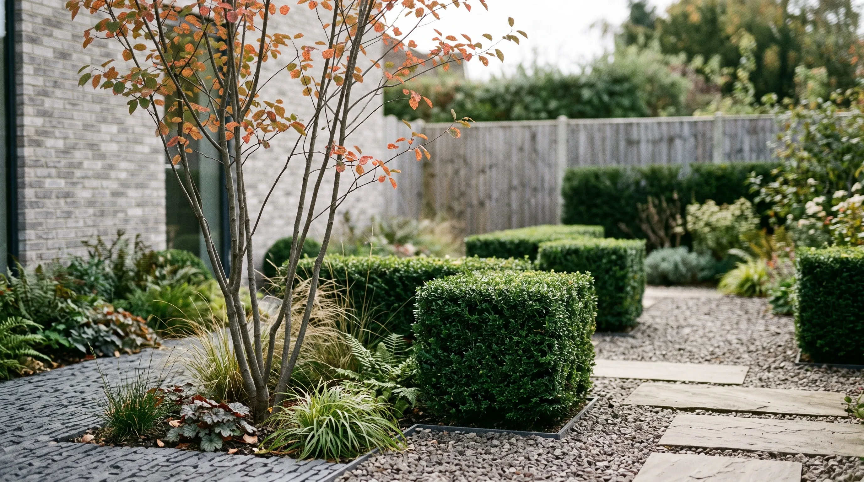 Clipped yew blocks beside a slender multi-stem tree in a minimalist UK garden