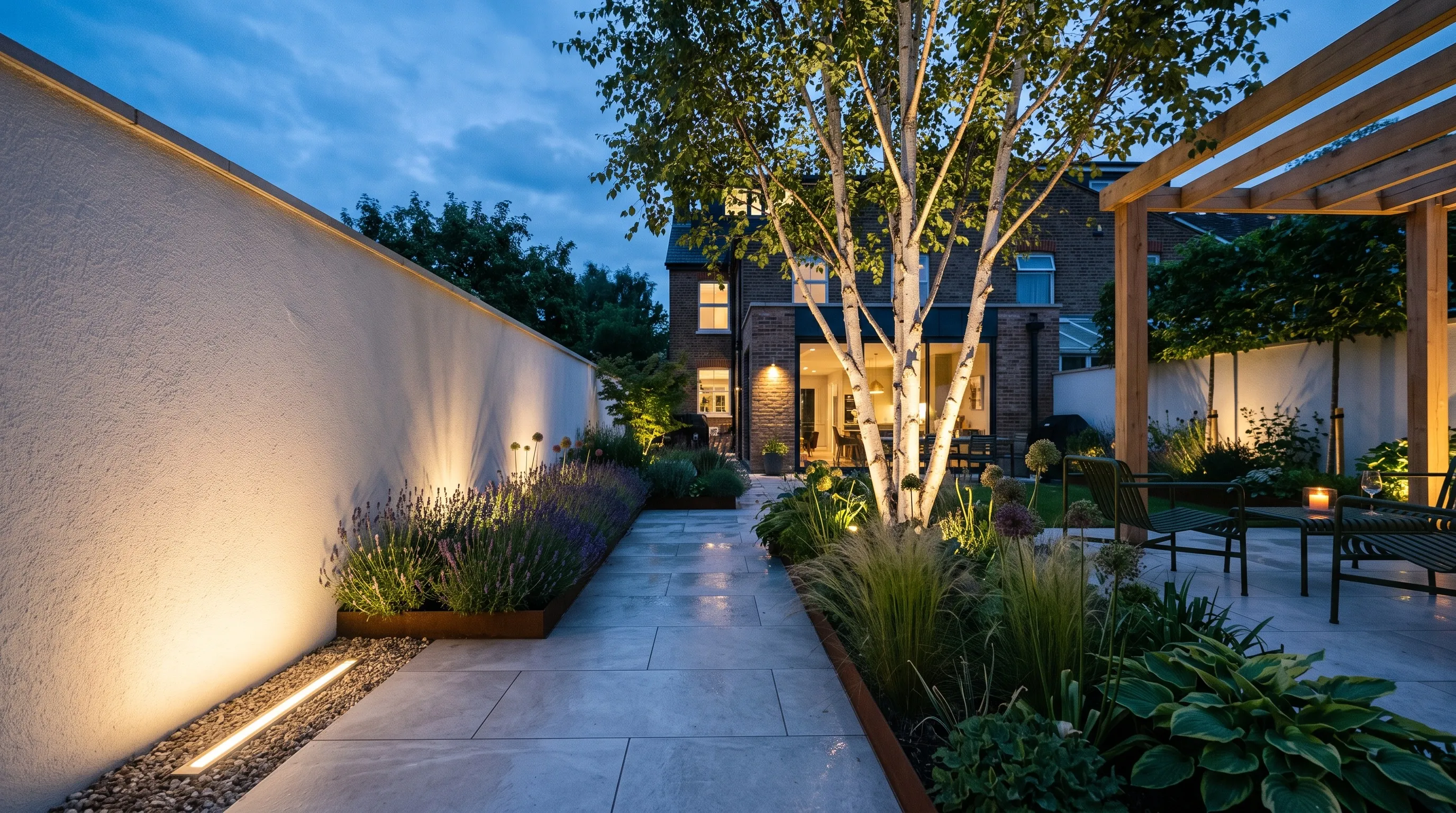 Contemporary garden lighting at dusk washing rendered walls and uplighting a multi-stem tree