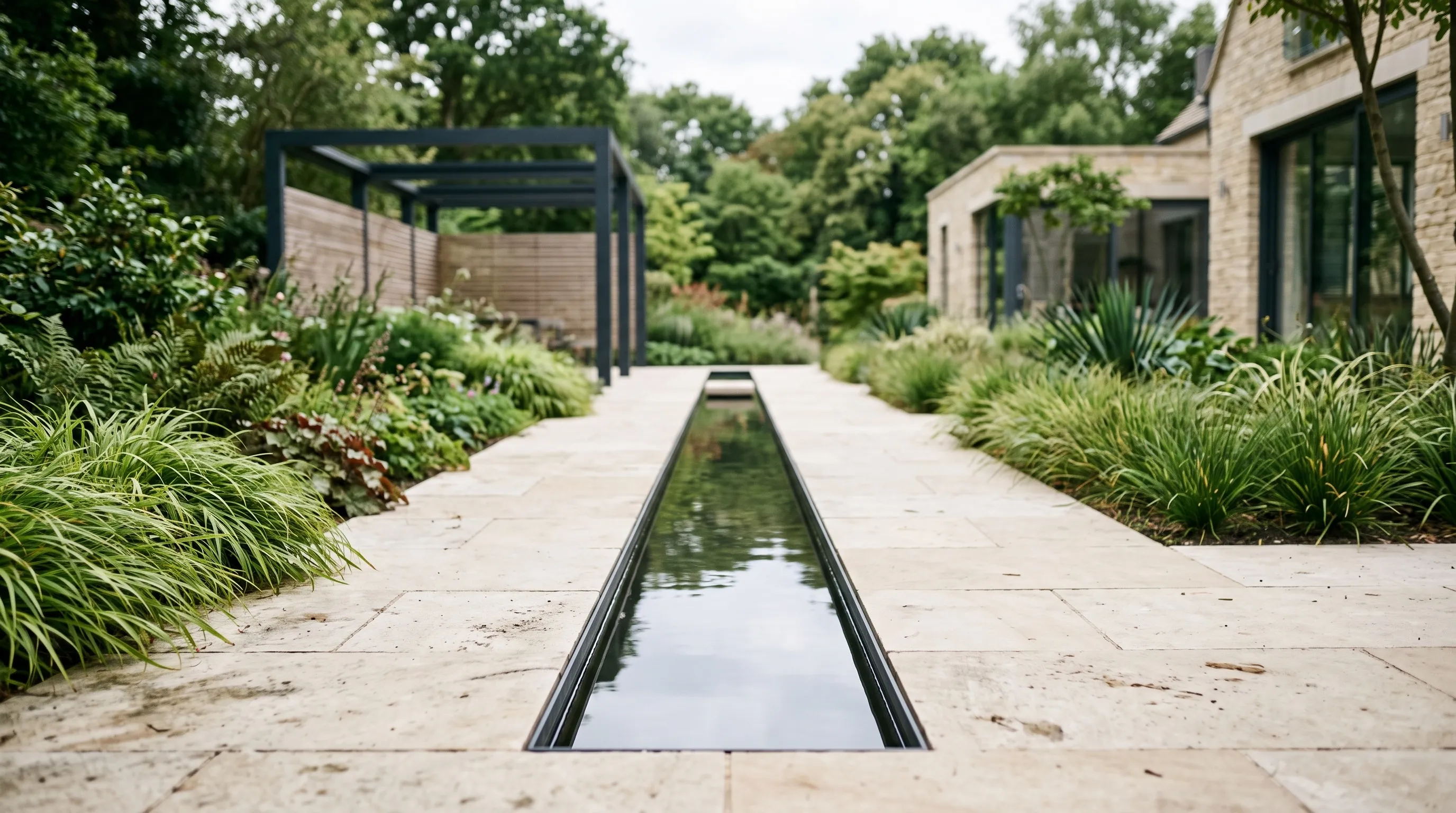 A still reflective water rill running through pale stone paving in a modern minimalist UK garden