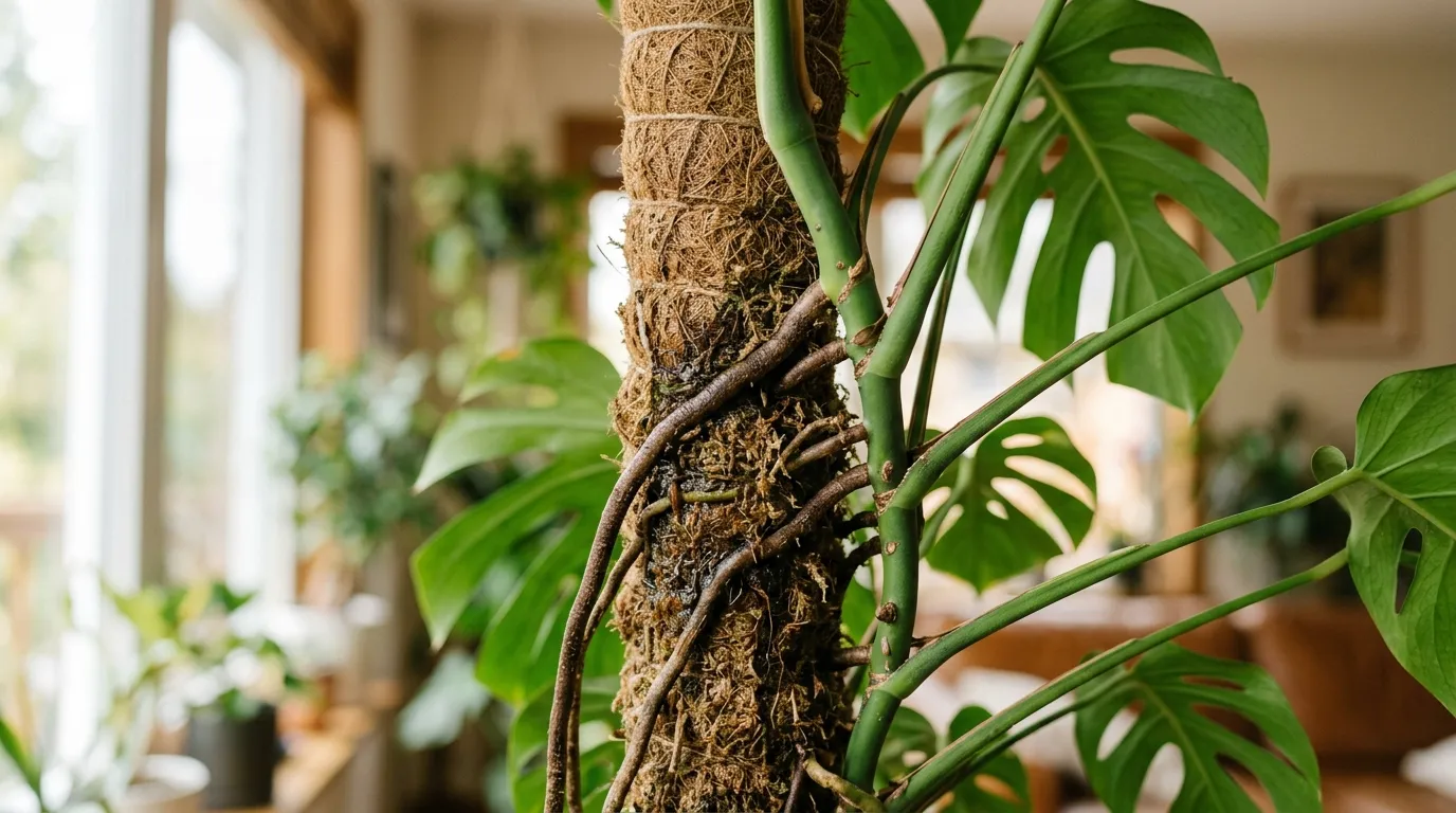 Monstera deliciosa with aerial roots growing up a moss pole indoors