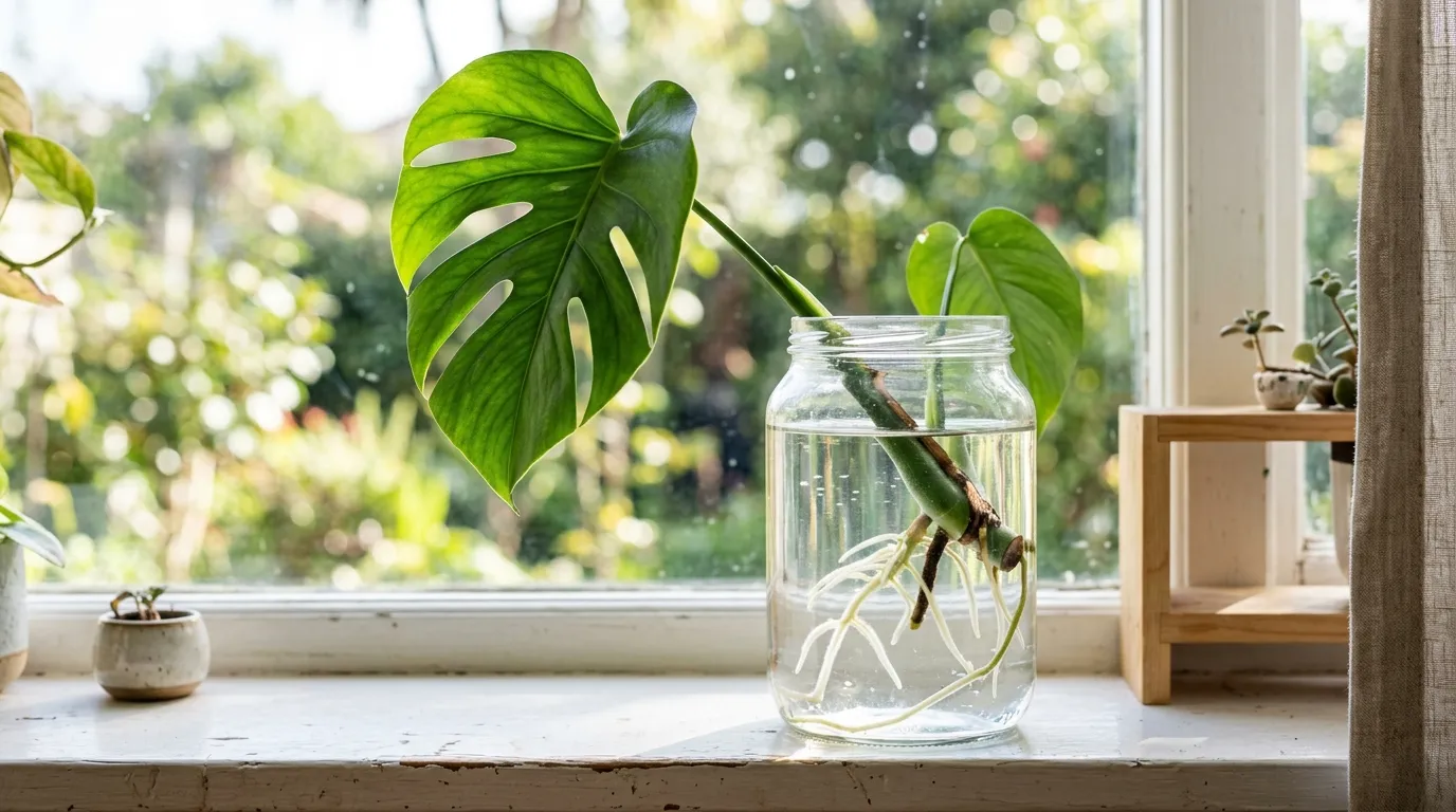 Monstera stem cutting propagating in water showing new roots