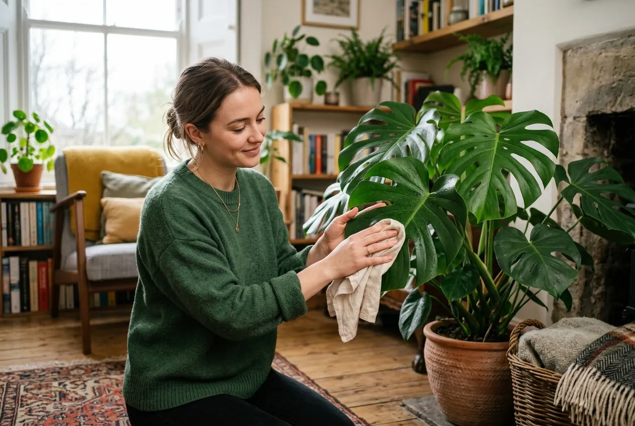 A person wiping the leaves of a Monstera with a damp cloth in a cosy UK living room
