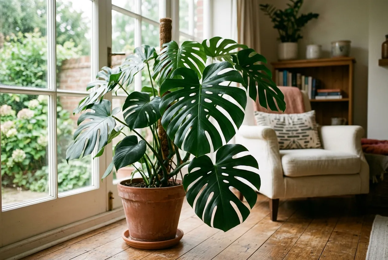 A thriving glossy dark-green Monstera deliciosa with large fenestrated leaves in a bright room