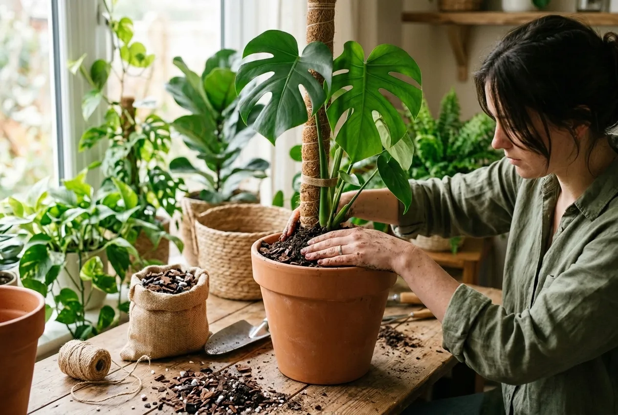 A person repotting a Monstera into fresh chunky aroid compost with a moss pole for support