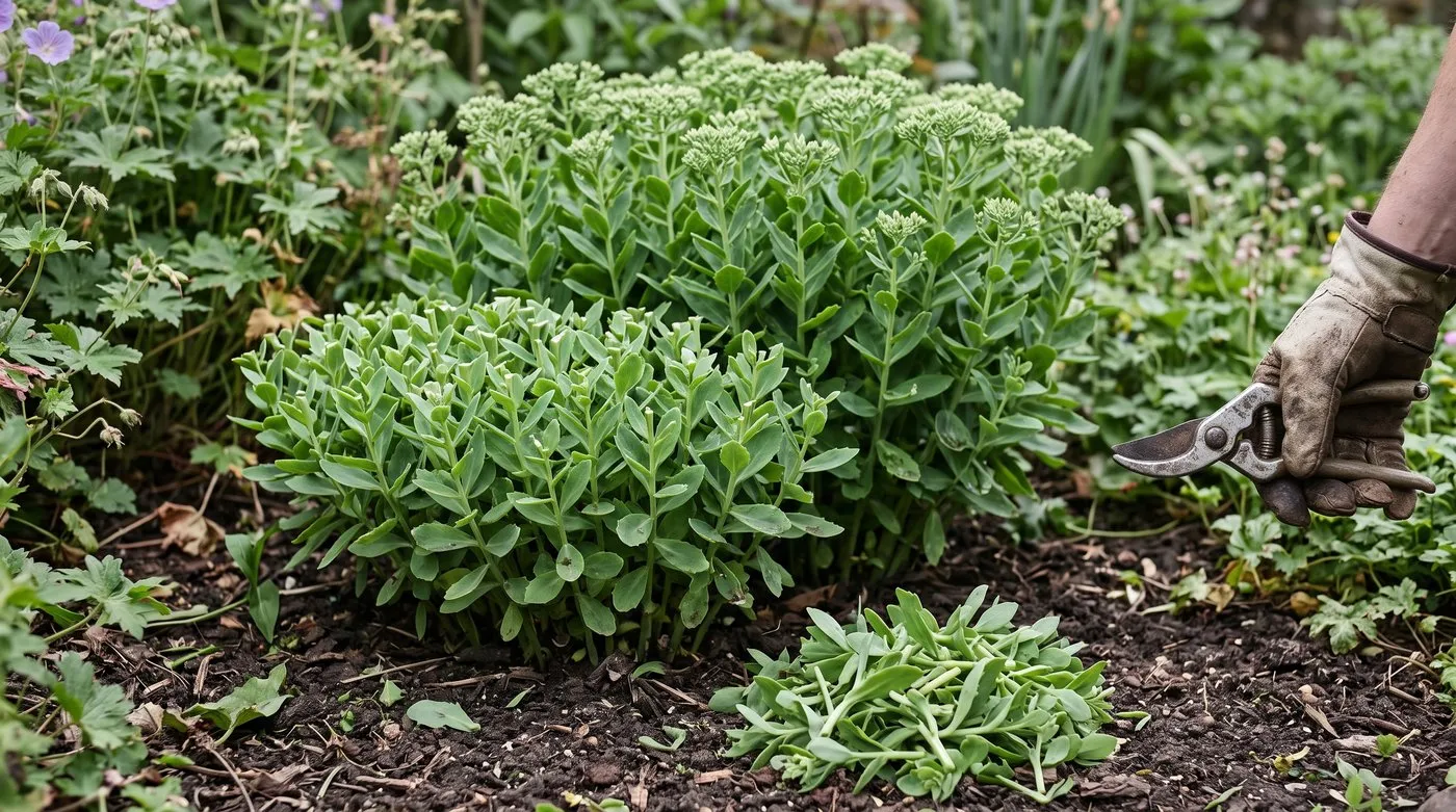 A clump of sedum with the front half cut back lower and the back half left at full height