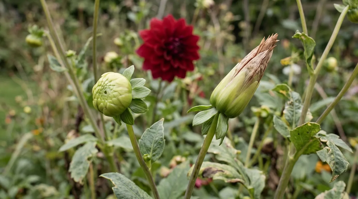 Close-up of a dahlia stem with a round green flower bud beside a pointed cone-shaped spent seed head