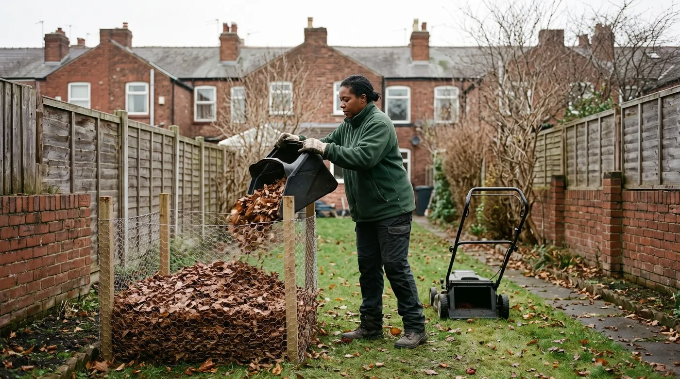 A woman tipping chopped autumn leaves from a lawnmower box into a chicken-wire leafmould bay in a city garden