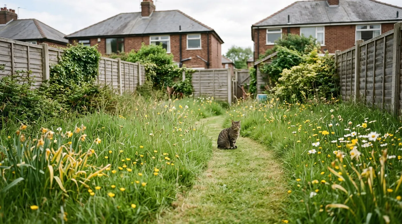 A curving mown path through long grass with buttercups and finished daffodil leaves in a suburban garden