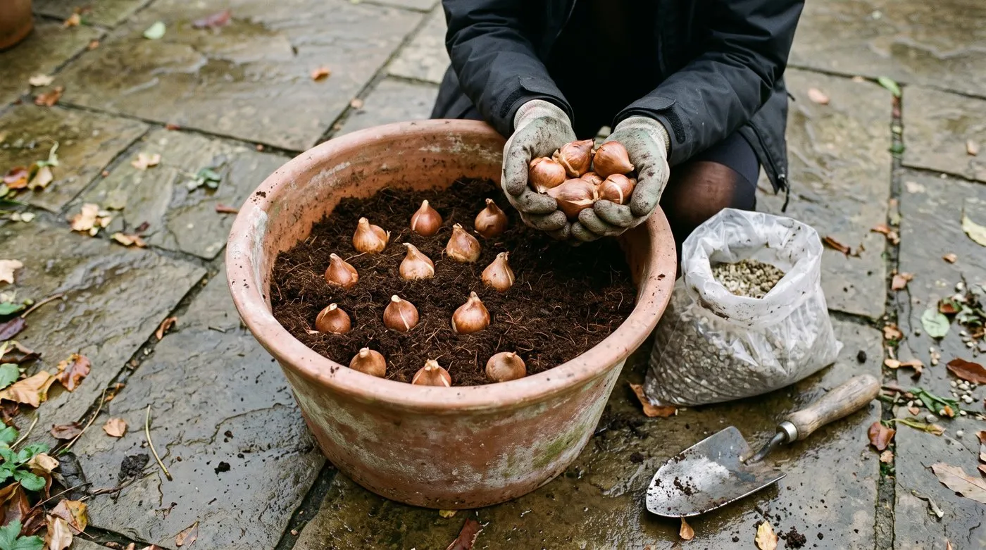 Hands placing tulip bulbs, pointed tips upwards, into a large terracotta pot of compost in November