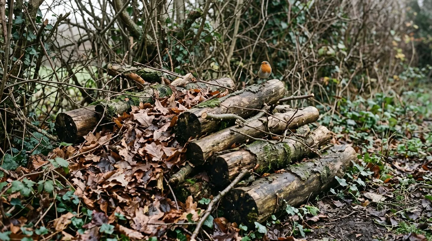 A log pile and a drift of fallen leaves at the foot of a hedge with a robin perched on top