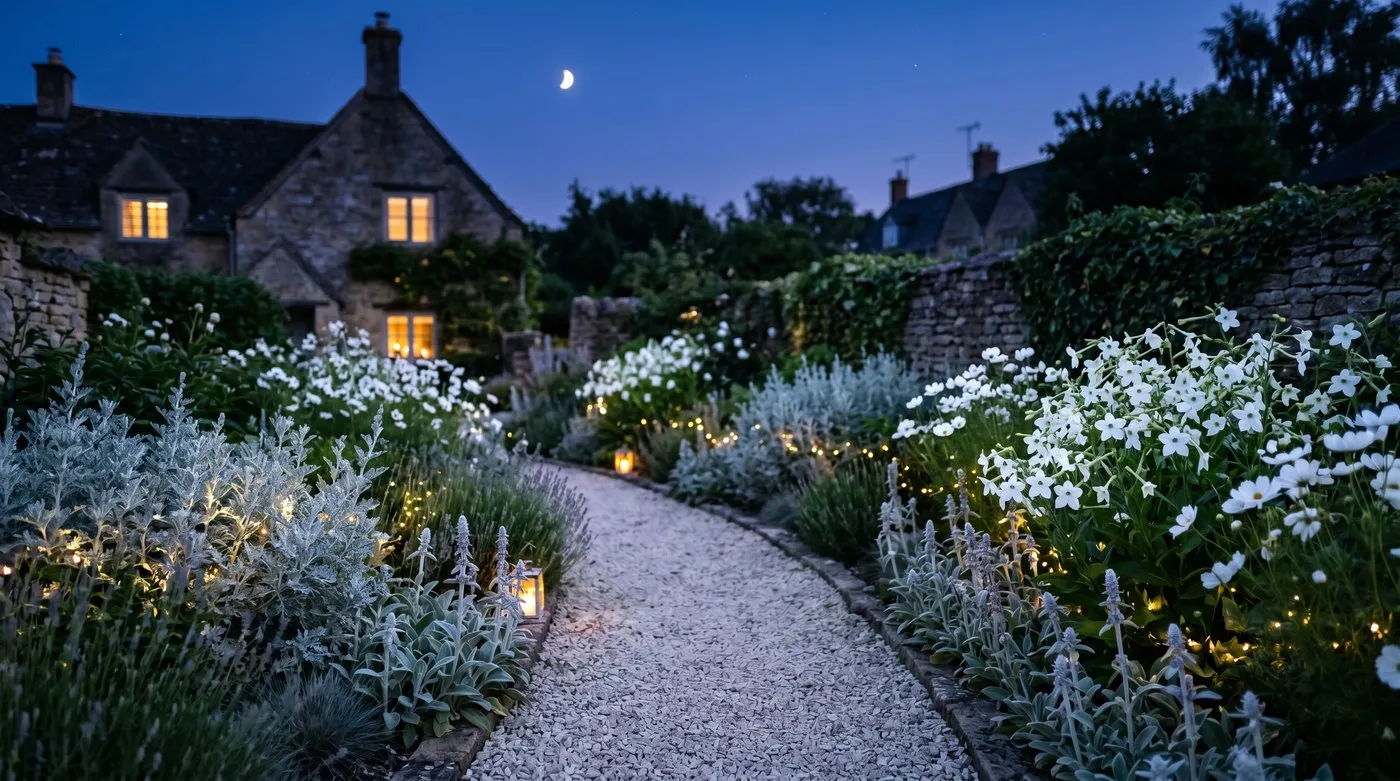 A white moon garden glowing at dusk with pale flowers and silver foliage catching the last light