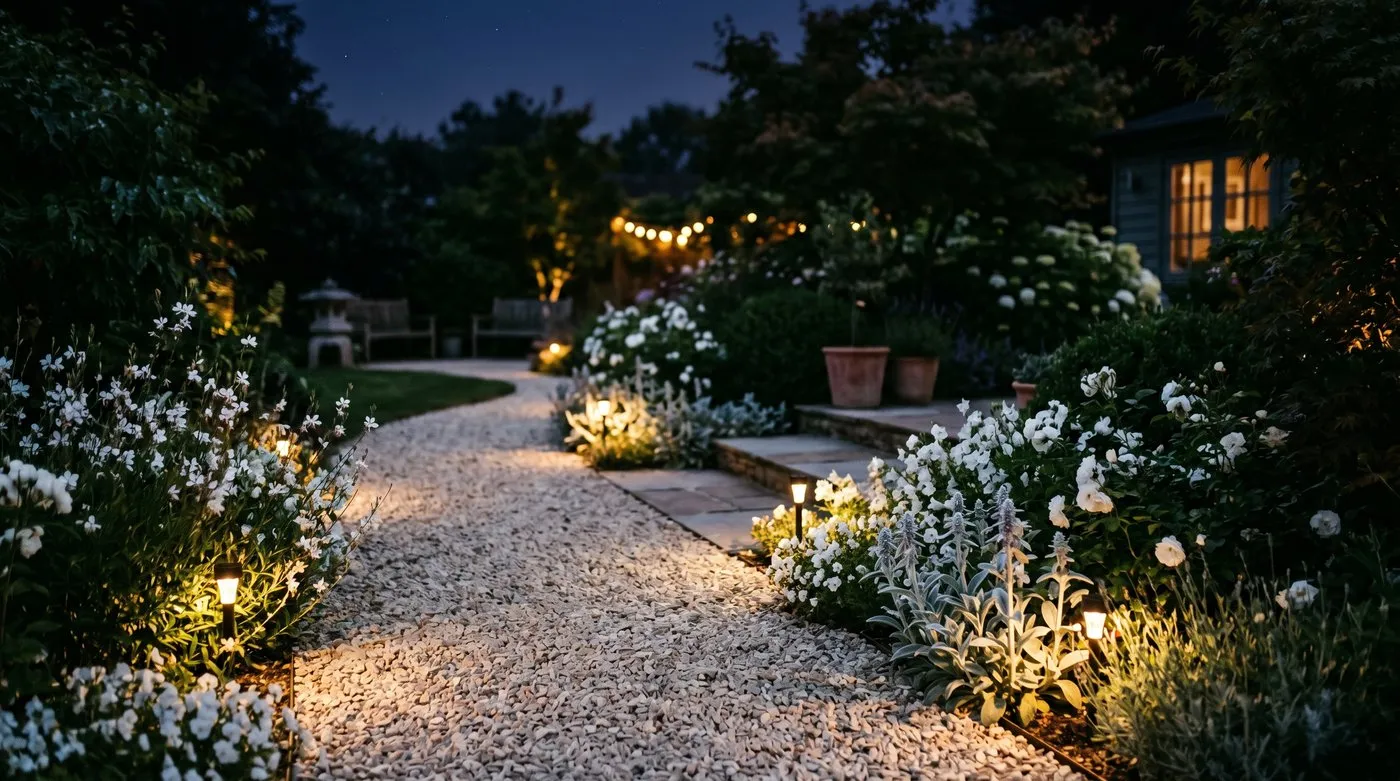 Warm low garden lighting washing a pale gravel path edged with white flowers and silver foliage at night