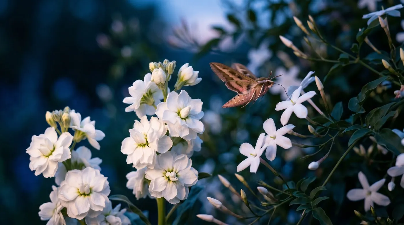 A close-up of white night-scented stock and jasmine flowers glowing in the blue dusk light