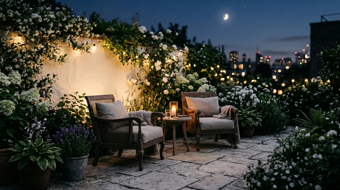 A moonlit seating area with two chairs on pale paving surrounded by white planting