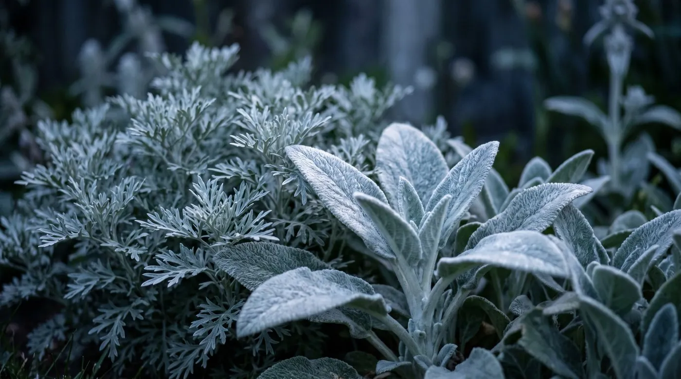 Silver foliage plants including artemisia and lamb's ear reflecting moonlight at the front of an evening border