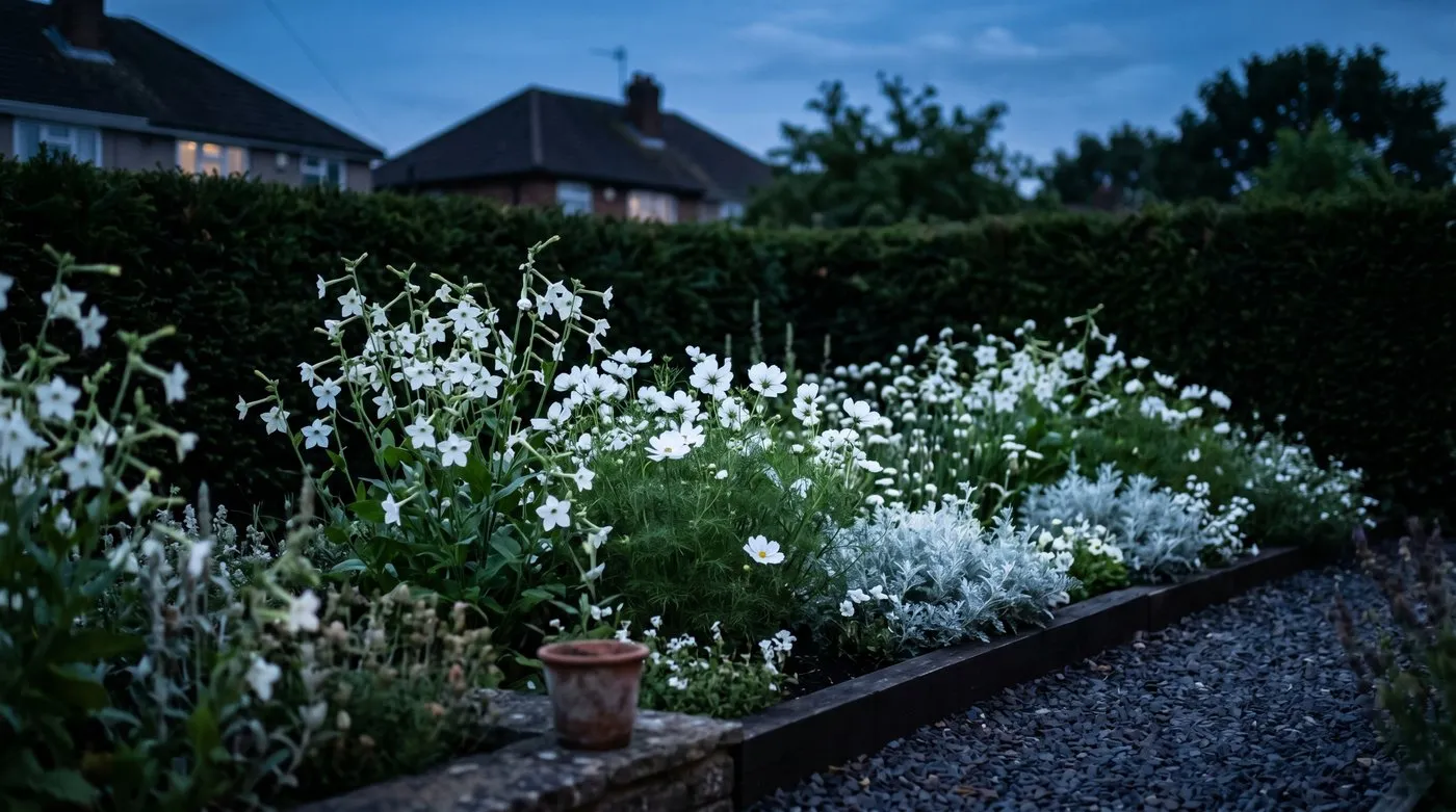 A white and silver planting border glowing at twilight with nicotiana, cosmos and artemisia