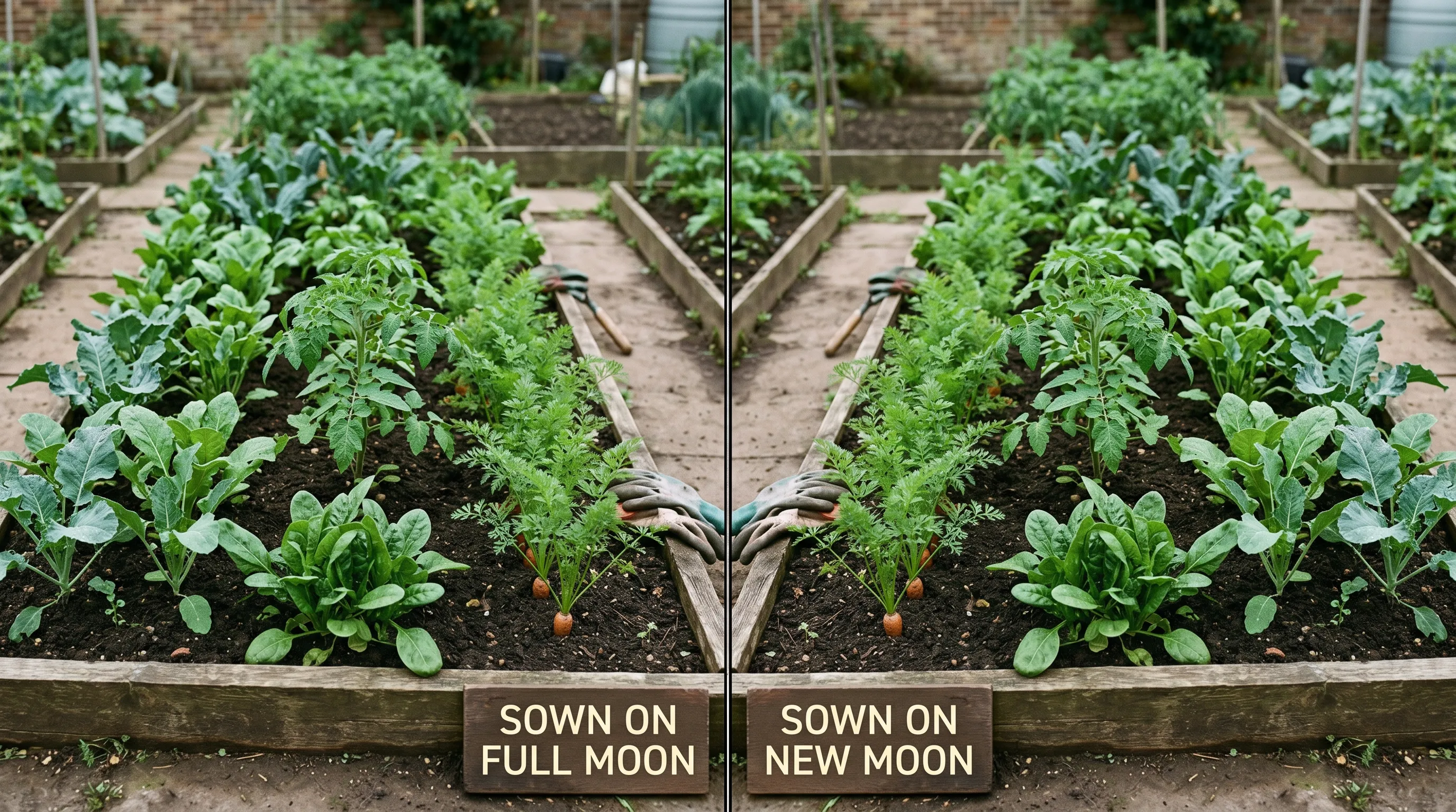 UK kitchen garden split-image comparison of two identical garden beds side by side - one labelled 'sown on full moon' and the other 'sown on new moon', the crops appearing equally healthy in both