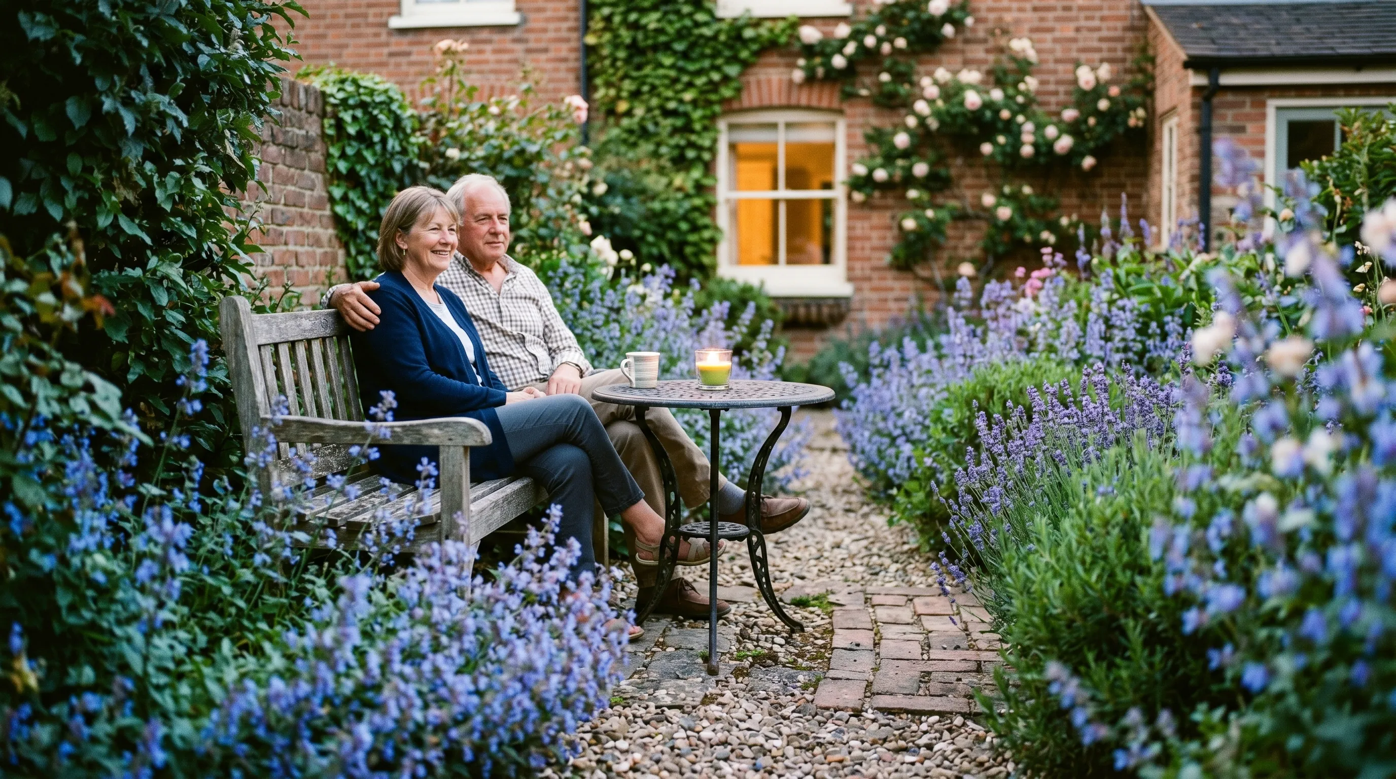 A town garden seating area edged with flowering catmint, lavender and rosemary at dusk, planted right beside where people sit